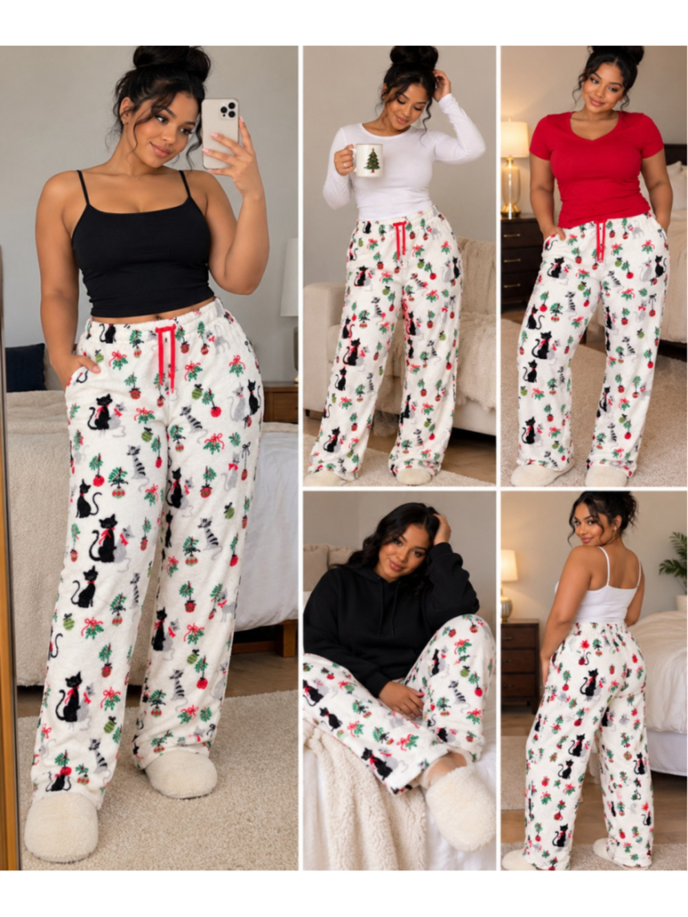 Women’s Cozy Christmas Cat Print Fleece Pajama Pants Size Large